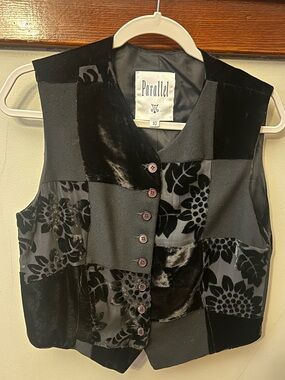 Vintage 90's Parallel Black Velvet Patchwork Vest Wool Silk Size 10
